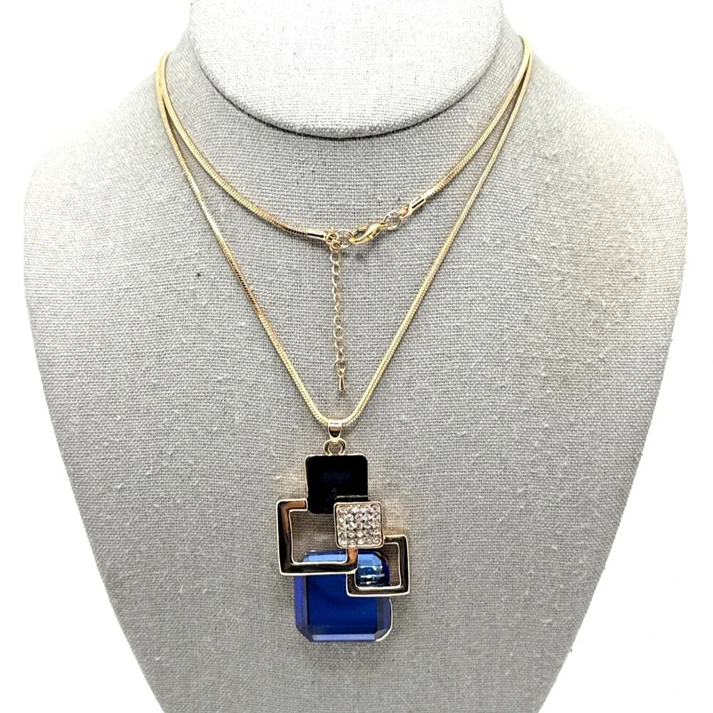 NEW Modernist Geometric Square Statement Necklace Blue Crystal Accents 32